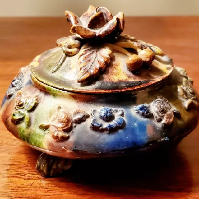 Wheildon Type Tripod Footed Tortoiseshell Glazed Small Covered Jar