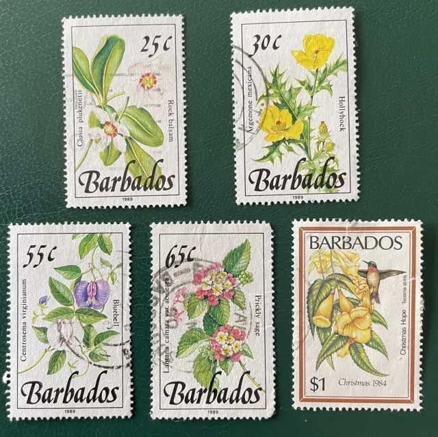 Barbados Stamps X5 Flowers 1984 + 1989 Used Varying  Condition See Photos