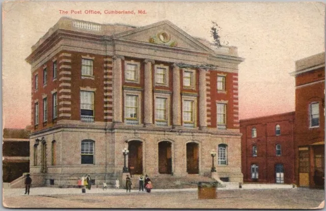 Vintage CUMBERLAND, Maryland Postcard POST OFFICE Street View / 1908 Cancel