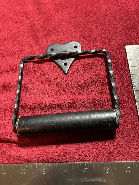 Vintage Black Twisted Wrought Iron Toilet Paper Holder with Wood Spindle.