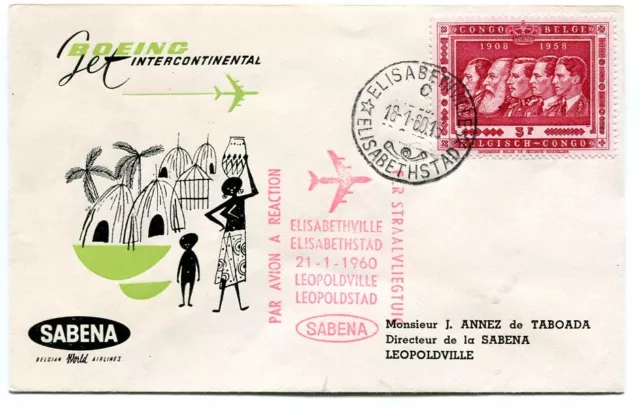 Belgian Congo 1960 (21st Jan) First Flight cover Elisabethville to Leopoldville