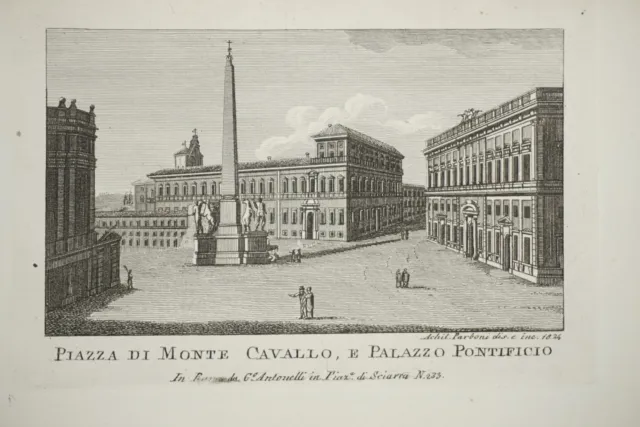 Gravure Miniature Paysage Architecture Place Monte Cavallo Rome Italie 1830 A