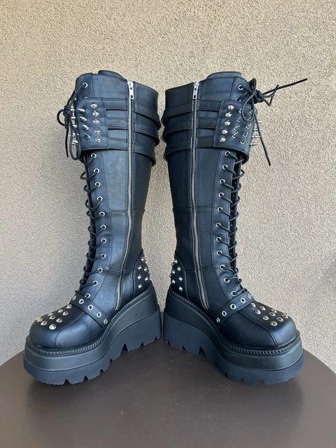Demonia Shaker-72 Black Platform Wedge Boots – Mid-Calf Goth Punk Rave Womens