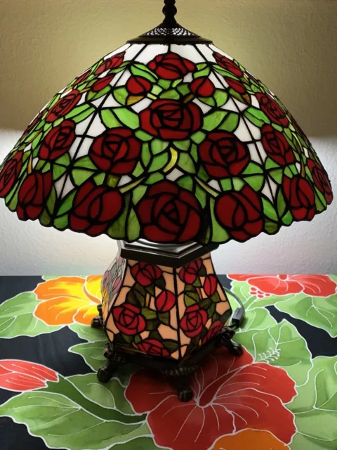 Tiffany Stained Glass Lamp  In Style Of  Royal Albert, Country Roses, Alloy Base