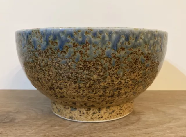 Mid-Century Stoneware Speckled Pottery Bowl/Planter,Blue Drip Glaze,Made Japan