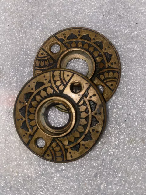 Antique Pair Of Brass Door Knob Rosettes Victorian Eastlake Door Hardware #2