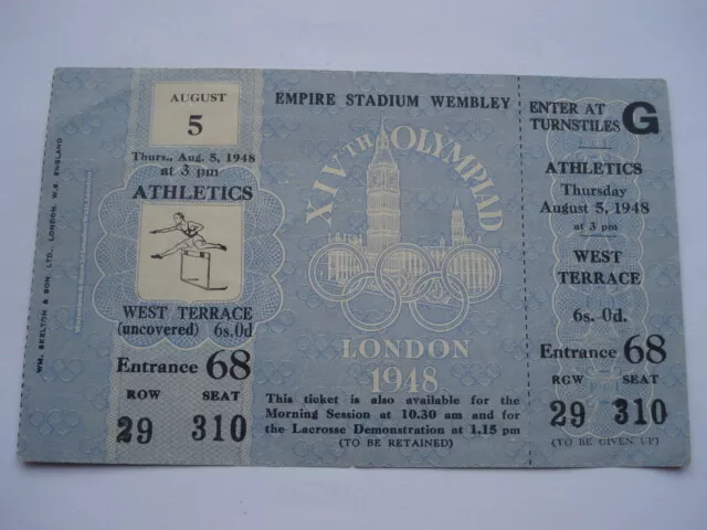 Scarce Aug 5Th Xiv Olympiad London 1948 Athletics West Terrace Unused Ticket