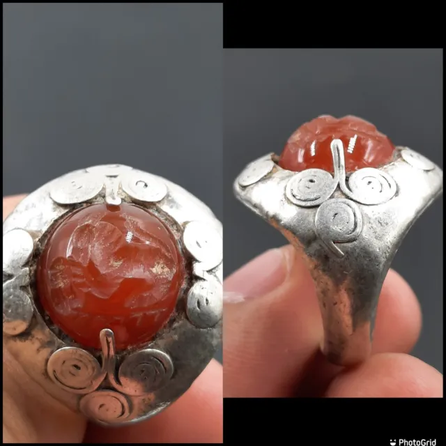 Roman Ancient Solid silver Carnelian Agate intaglio Unique Ring