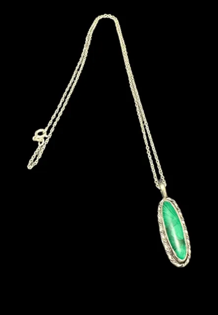 Southwestern Sterling Silver And Malachite Pendant Round Chain Link Necklace