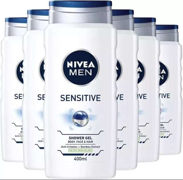 NIVEA MEN Sensitive Shower Gel Pack of 6 (6 x 400ml), Alcohol-Free Sensitive Ski