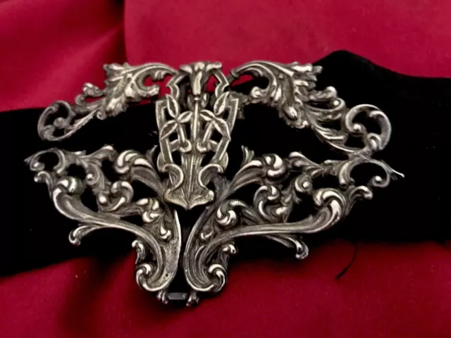 Antique Art Nouveau Black Silk Satin Silver Slide & Buckle Belt.