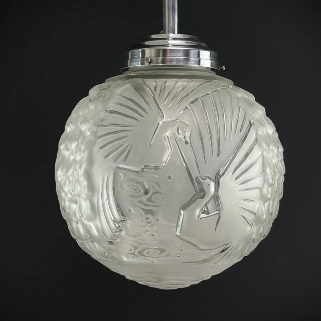 Art Deco Lamp Muller Freres Luneville Ceiling Hanging Lamp Peacock Motifs 1930s