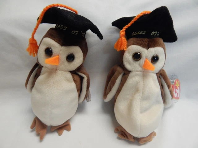 Lot of 2 Wise The Owl VTG Rare 1998 Retired Ty Beanie Babies Mint Tag Errors PE