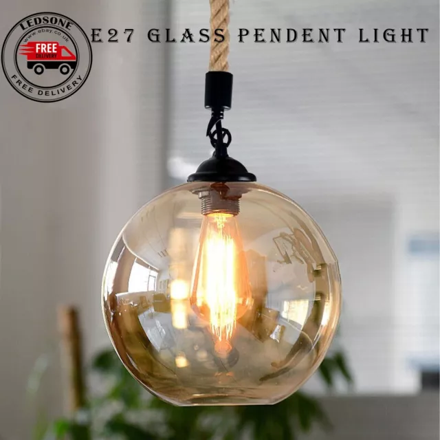 LEDSone Industrial Glass Ceiling Pendant Light Lampshade Hemp Hanging Retro Lamp