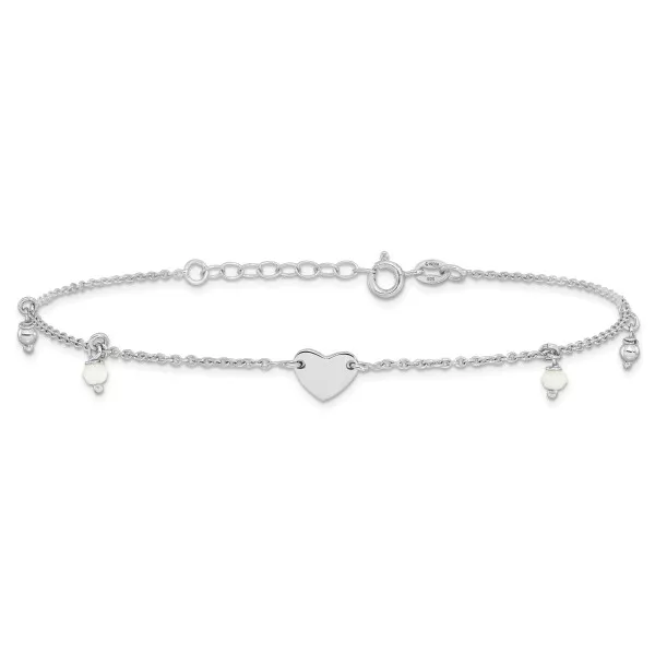 Pulsera tobillo con cuentas de vidrio de corazón de plata esterlina 925 de 9 pulgadas más 1 pulgada