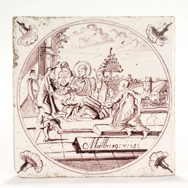 Antique 18th Century Religious Dutch Delft Manganese Tile of Matthew 19:14