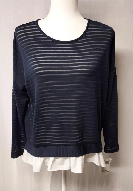 French Connection Blue Beka Sheer Stripe Ruffle Contrast Layer Top Blouse XS