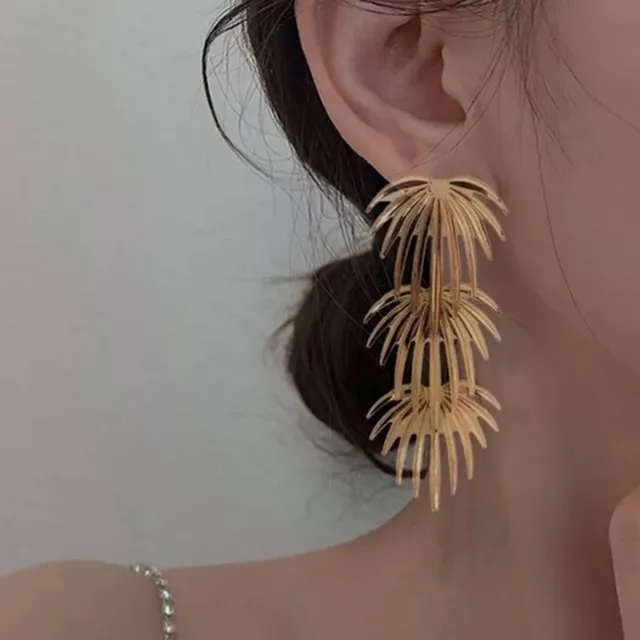 New Fireworks Leaves Dangle Drop Earrings Tropical Long Statement Gold Tone