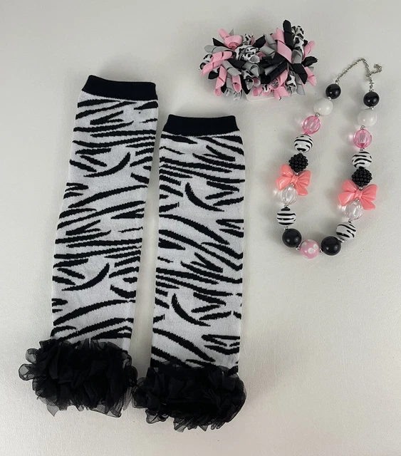 Girls Sz 2 3 4 Set Pink Zebra Print Necklace Barrettes Leg Covers 3 Pc Lot New