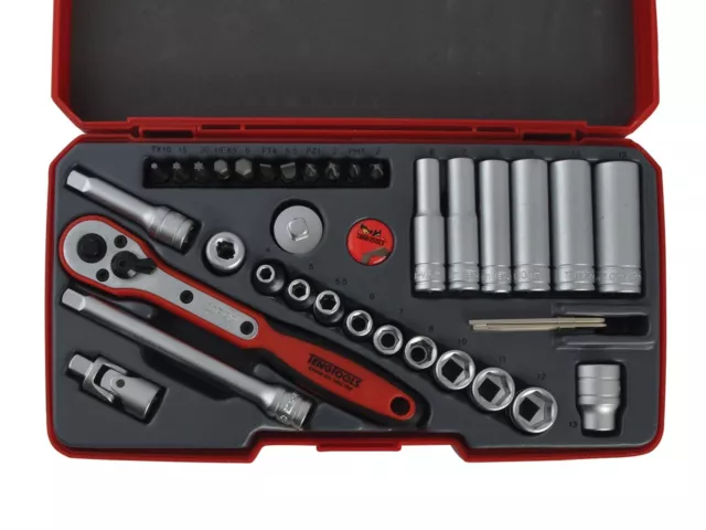 Teng Tools 1/4 Drive Deep Regular Socket Ratchet Extension Tool Set + Case