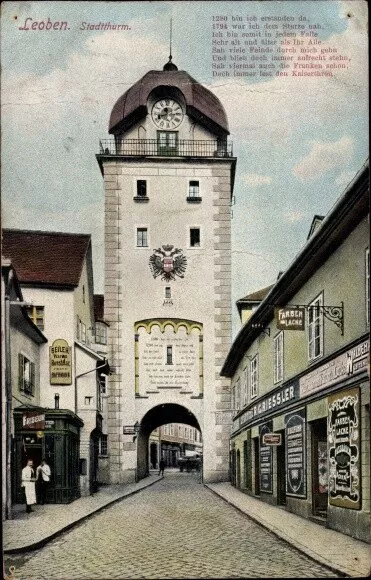 Ak Leoben Steiermark, Stadtturm, Geschäfte - 10491492