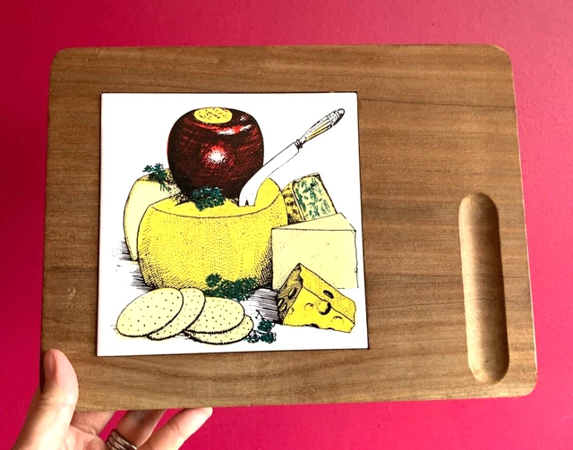Vintage MCM 1960er 70er Jahre Teakholz Käsebrett mit Fliese Retro