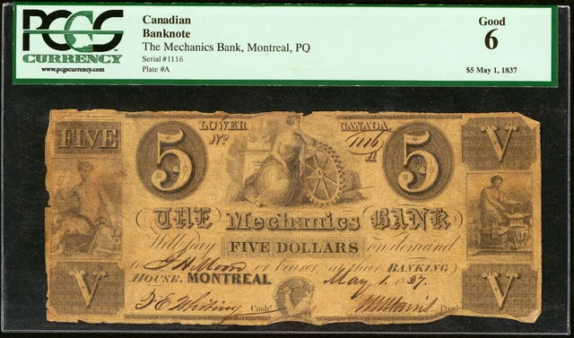 CANADA, Mechanics Bank, 1837, MONTREAL, 5 Dollars, PCGS, Rare Old