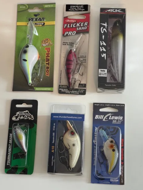 Fish 6 Bass Plugs Lures TS-115, Bill Lewis, Phatboy, Strike PRO Flicker Shad New