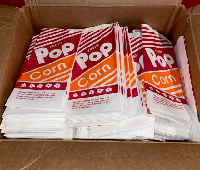 100 est. Sm. Popcorn Bags #3-2053 Gold Medal Co. 3-1/2”x2-1/4”x8” Open Box*