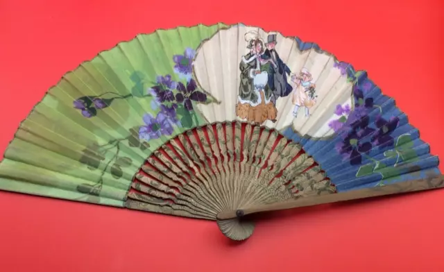 Antique / Vintage Paper Fan - Hand Painted Edwardian Scene - Signed James Smith