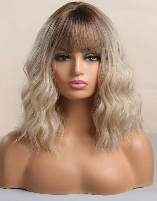 Perruque Synthétique Blonde Dorée Bouclée Courte Avec Frange - Taille Moyenne, Style Naturel