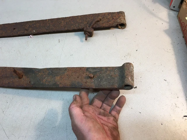 Antique Hand Forged Iron Barn Door Strap Hinges Pair  34” Long x 1.5 in 2