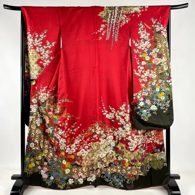Japanese kimono SILK"FURISODE" long sleeves, Gold/Silver, Flower basket,L65,2890