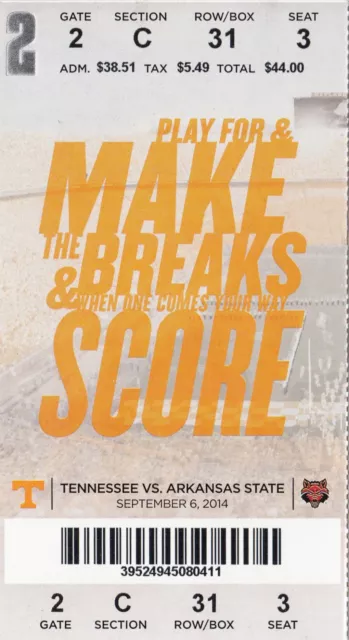 2014 Tennessee Volunteers Vs Arkansas State Ticket Stub 9/6/14 College Football