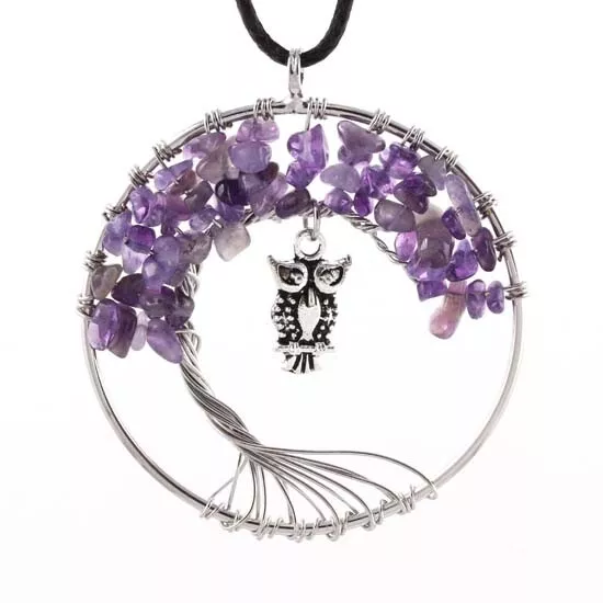 Natural Crystal Chip Gemstone Tree Of Life Dangle Owl Stone Pendant Necklace