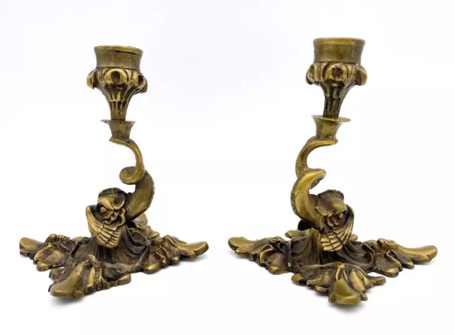 Early 20th Century Brass Dolphin Candlesticks - a Pair