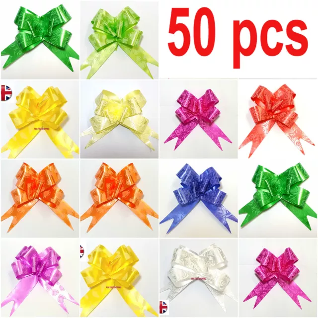 50 LARGE Ribbon Bows assorted colours easy pull flower ribbon party decoration