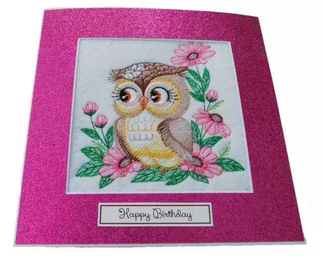 Complete handmade machine embroidery Birthday Card  Owl and daisys