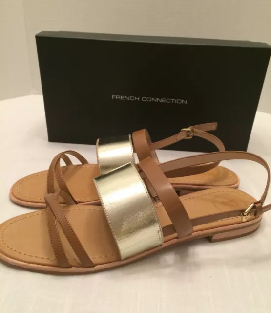 FRENCH CONNECTION Tan & Gold Ankle Strap Sandals Womens Sz 10 M Euro 41 New $95