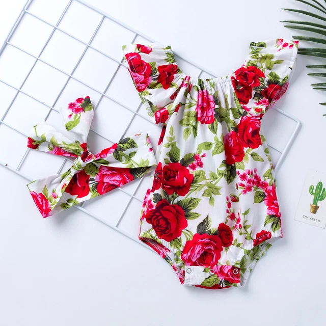 Newborn Baby Rose Print Flutter Romper Girls Summer Jumpsuit Outfit Photo Shoots 5