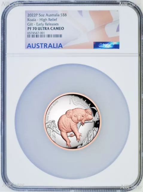 2022 Australia Pink Gold GILT HIGH RELIEF 5oz Silver Koala $8 Coin NGC PF70 ER