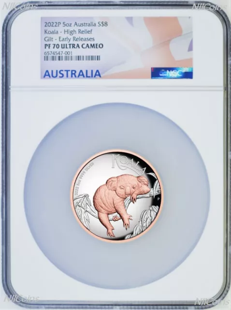 2022 Australia Pink Gold GILT HIGH RELIEF 5oz Silver Koala $8 Coin NGC PF70 ER 2022 Australia Pink Gold GILT HIGH RELIEF 5oz Silver Koala $8 Coin NGC PF70 ER