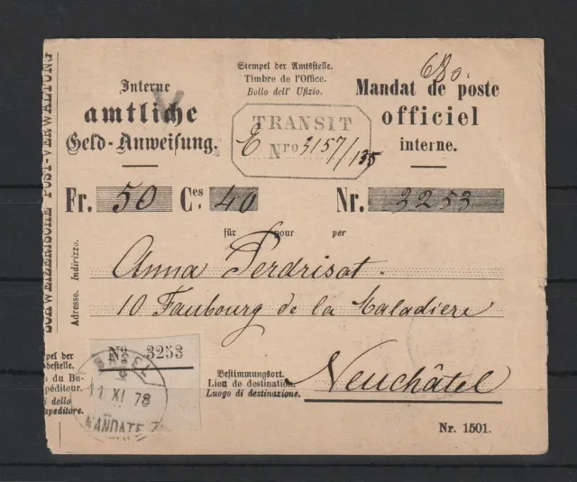 Schweiz amtliche Geld-Anweisung Basel - Neuchatel, 1878 #1097188