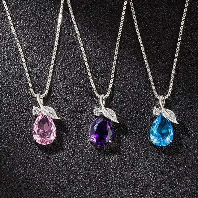 Women 925 Sterling Silver Crystal Leaf water Drop Pendant Necklace Jewellery UK