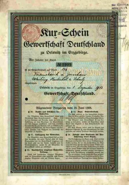 Gewerkschaft Deutschland 1913 Oelsnitz Erzgebirge Vereinsbank Zwickau Dr. Wolf