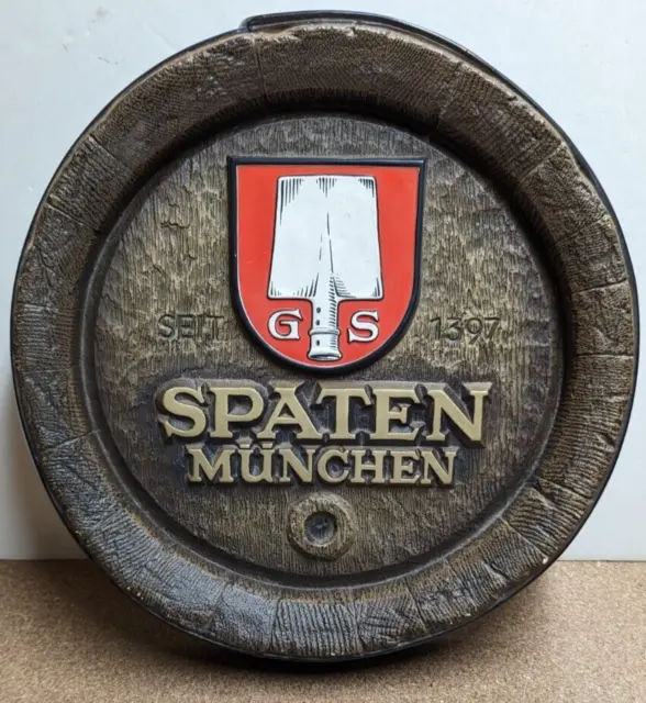 Vintage German Spaten Munchen Beer Sign Wall Decor Round Barrel End 16.5"