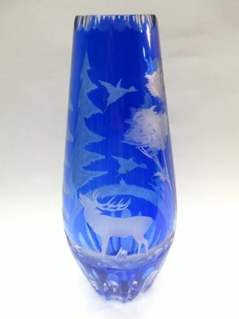 Bleikristall Glas Jagdliche VASE blau Jagd Szene Hirsch Wildente Wald Bodenstern