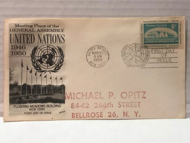 FDC 1959 United Nations Flushing New York 8¢ Stamp Fleetwood Cache B