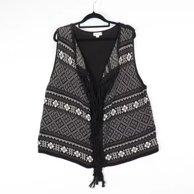 Sussan Womens Knit Vest Size M L Black White Grey Geometric Open Front Fringed