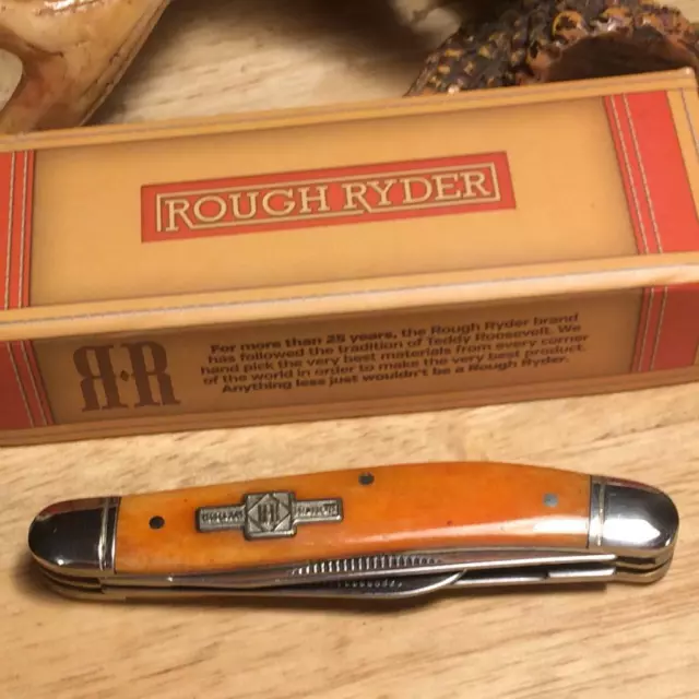 Rough Ryder Orange Smooth Bone Stockman 3 1/2" Pocket Knife RR005